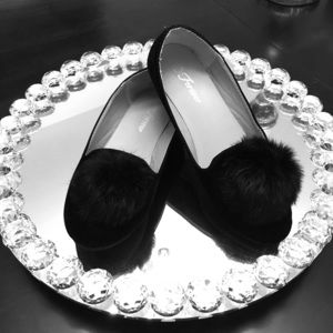 Black Velvet Flats w/ Faux Fur Poms Size 6